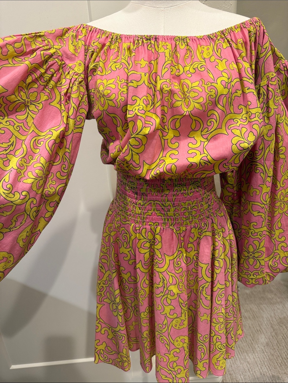 Misa Los Angeles Pink & Yellow One-Shoulder Printed Smocked-Waist Dress